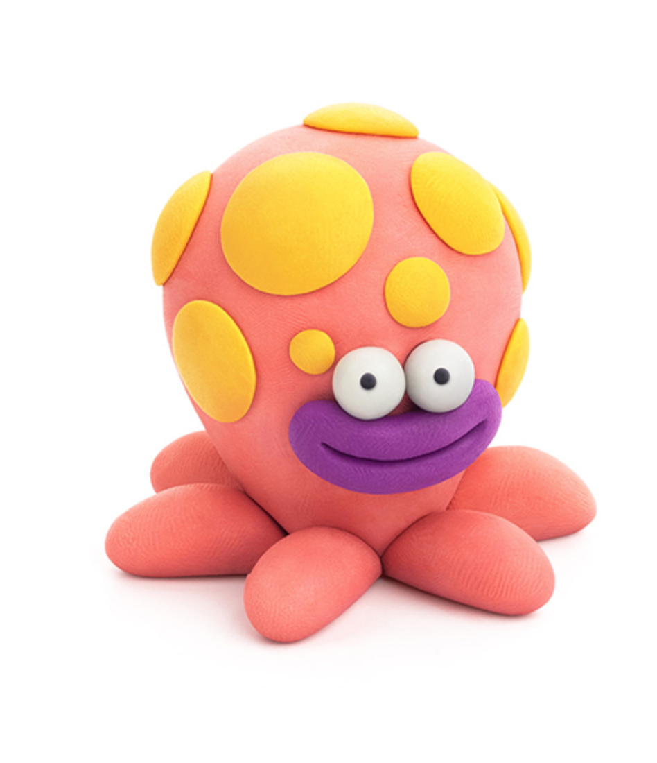 Hey Clay Ocean Creatures showing a colorful octopus made of soft, non-toxic clay with yellow spots and big eyes.