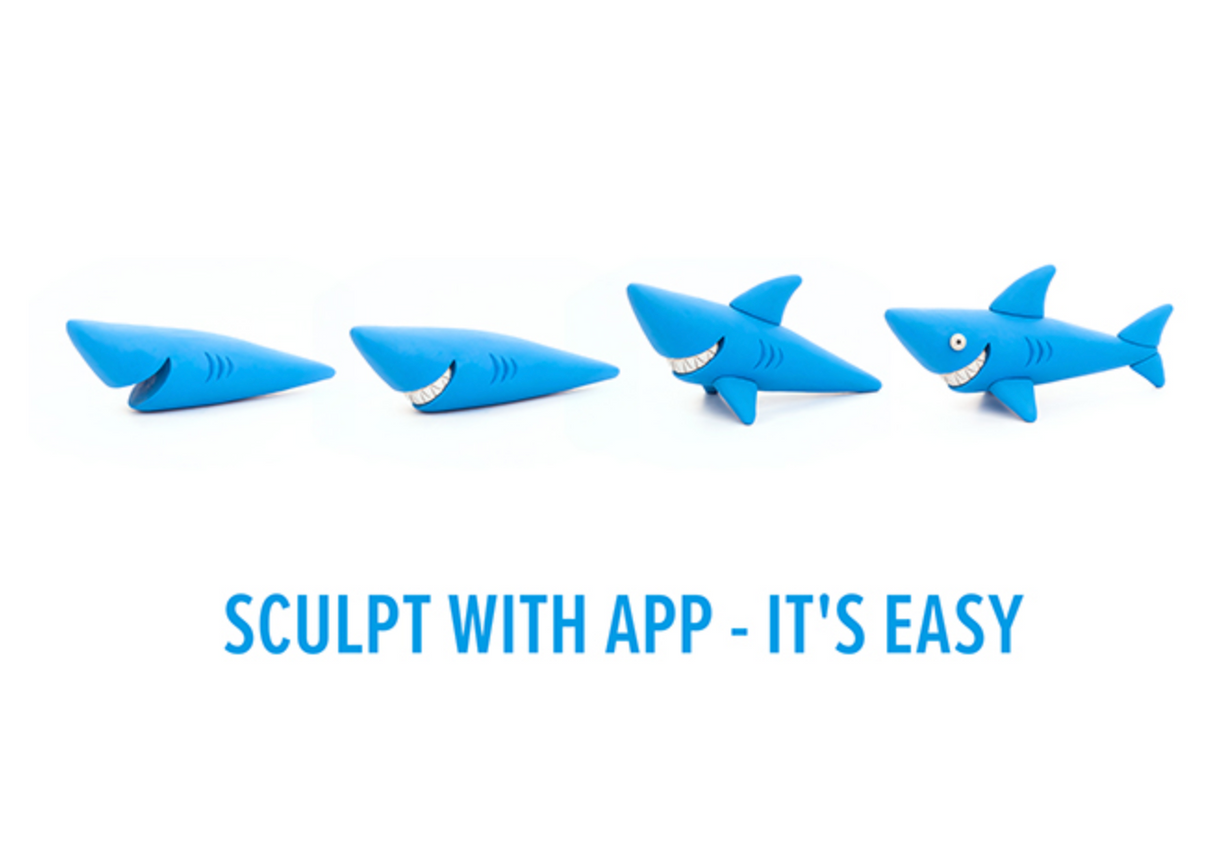 Hey Clay Ocean Creatures showing step-by-step clay shark sculpting process with app guidance for young artists.