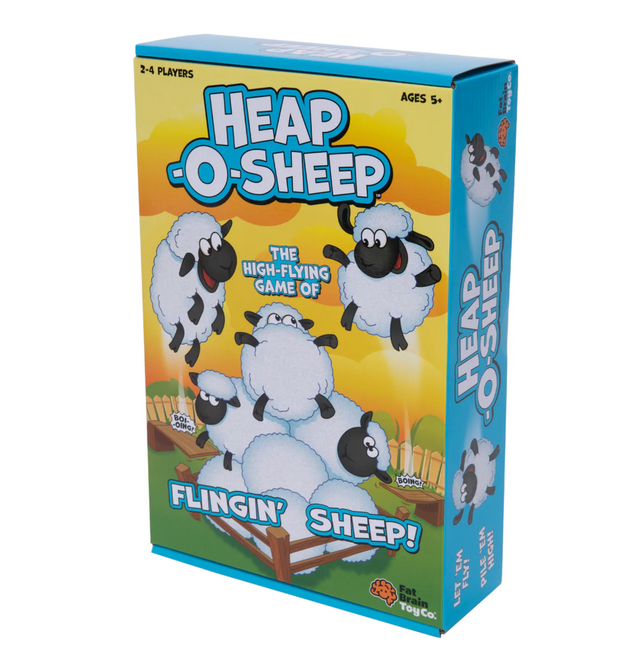 Heap-O-Sheep game box featuring cartoon sheep ready for a high-flying game of flinging sheep.