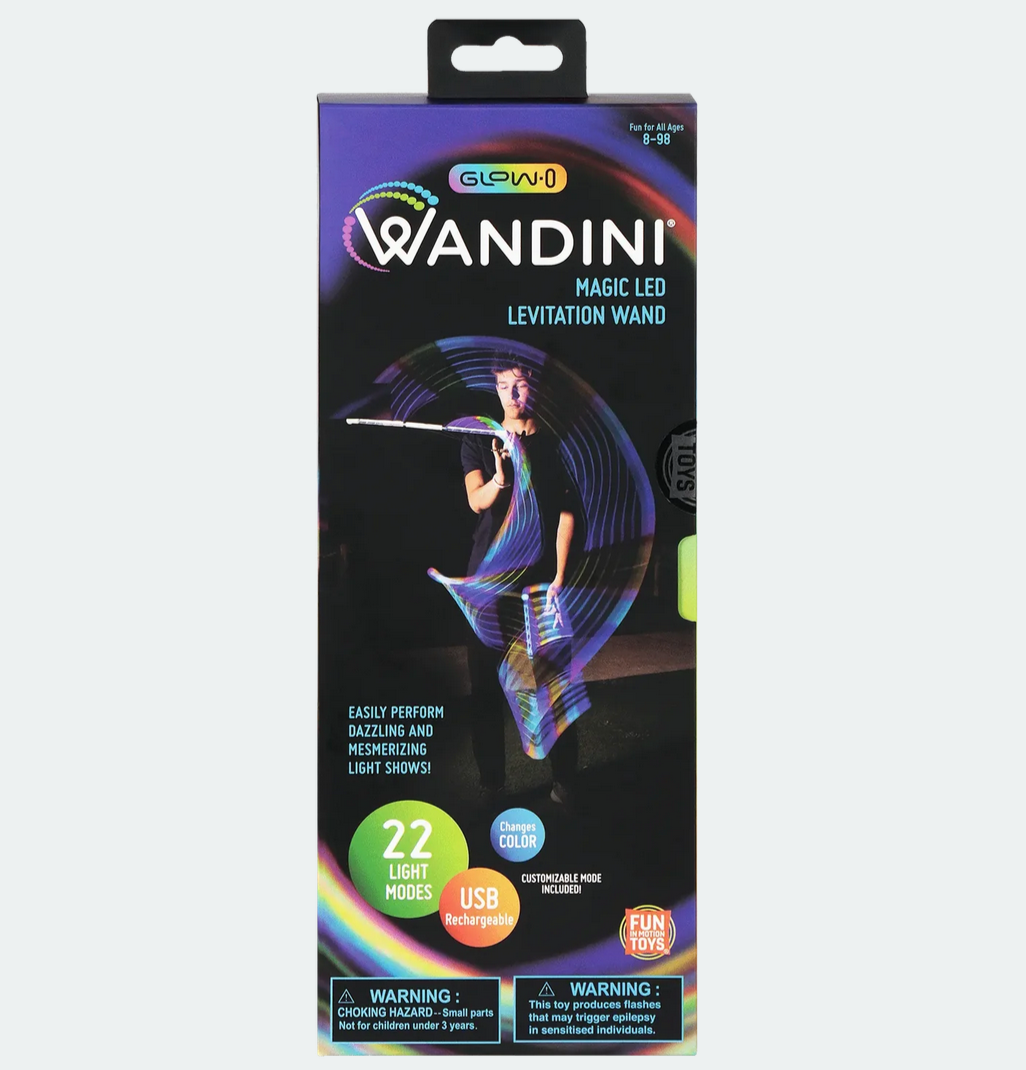 Wandini Glow Wand LED levitation wand packaging showing light trails and colorful effects in use.