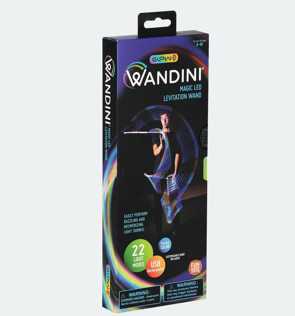 Wandini Glow Wand packaging showing magic LED levitation wand with 22 light modes and USB recharge.