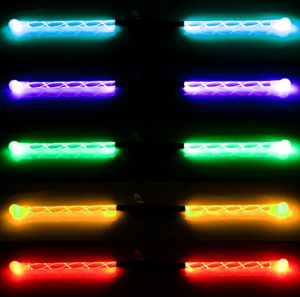 Wandini Glow Wand showing vibrant LED colors blue, purple, green, orange, and red in glowing light sticks.