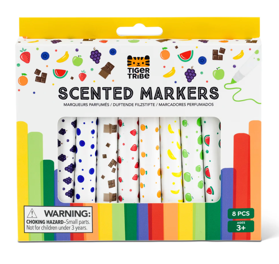 Scented Markers set with fruity and chocolatey scents, colorful barrels decorated with matching food icons, ideal for kids 3+.