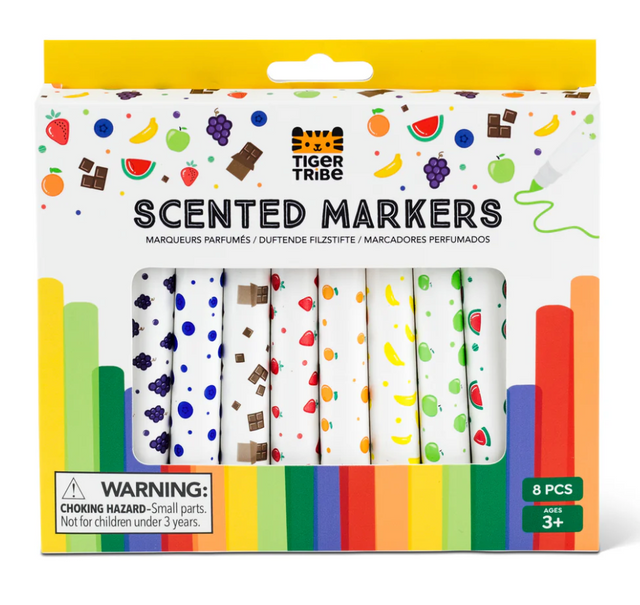 Scented Markers set with fruity and chocolatey scents, colorful barrels decorated with matching food icons, ideal for kids 3+.
