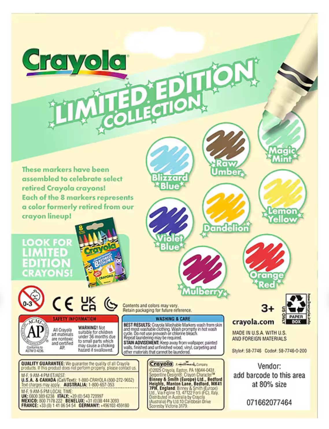 Markers 8 Pack Limited Edition with retired Crayola colors including Magic Mint, Dandelion, and Orange Red.