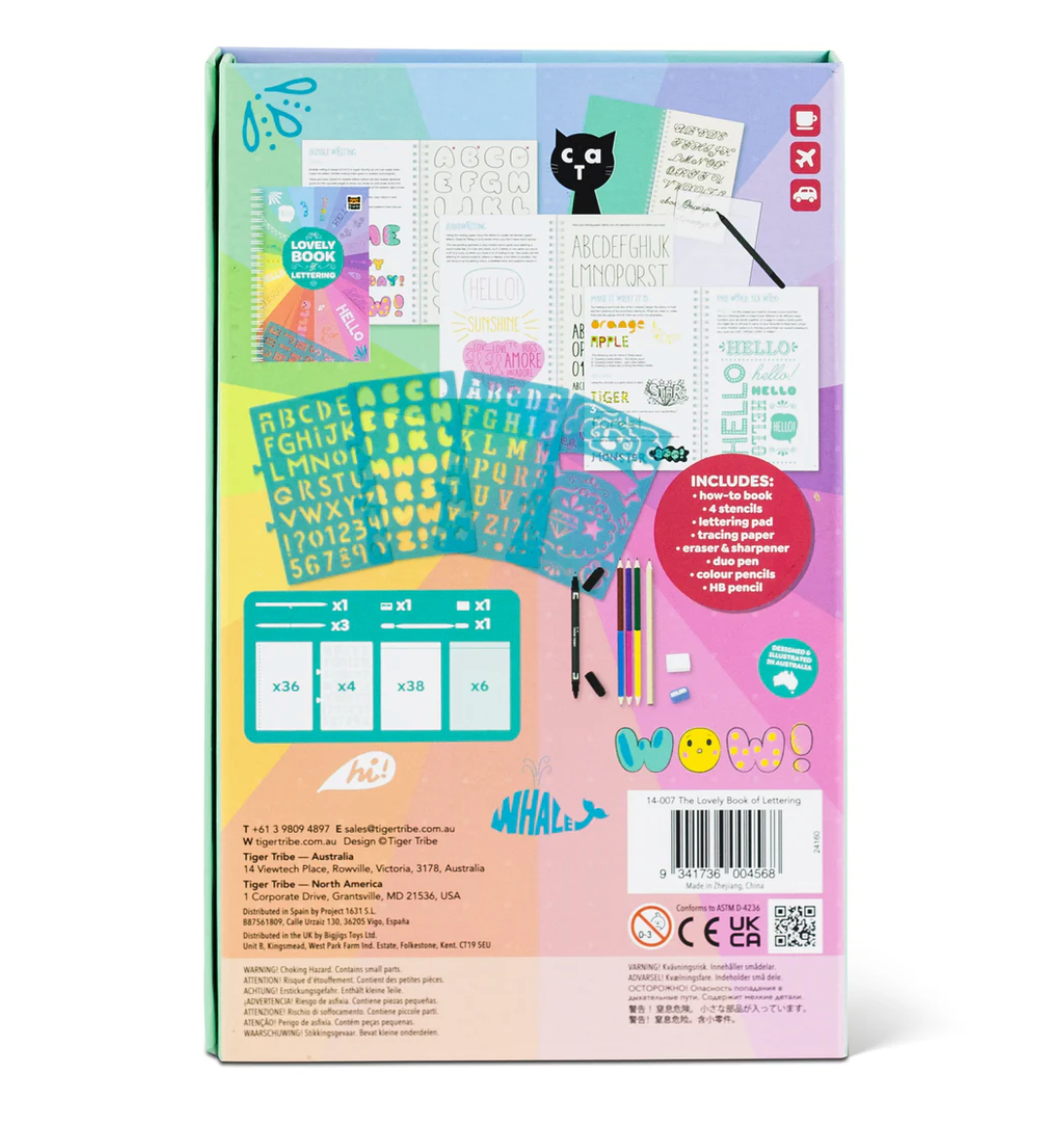 The Lovely Book of Lettering kit with stencils, pens, colored pencils, eraser, pencil sharpener, and instructional notebook.