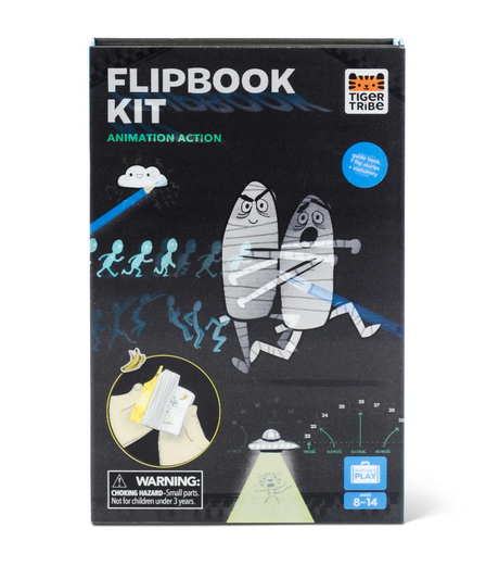Flip Book Kit | Animation in Action packaging showing animated characters and flip book demonstration for kids ages 8-14