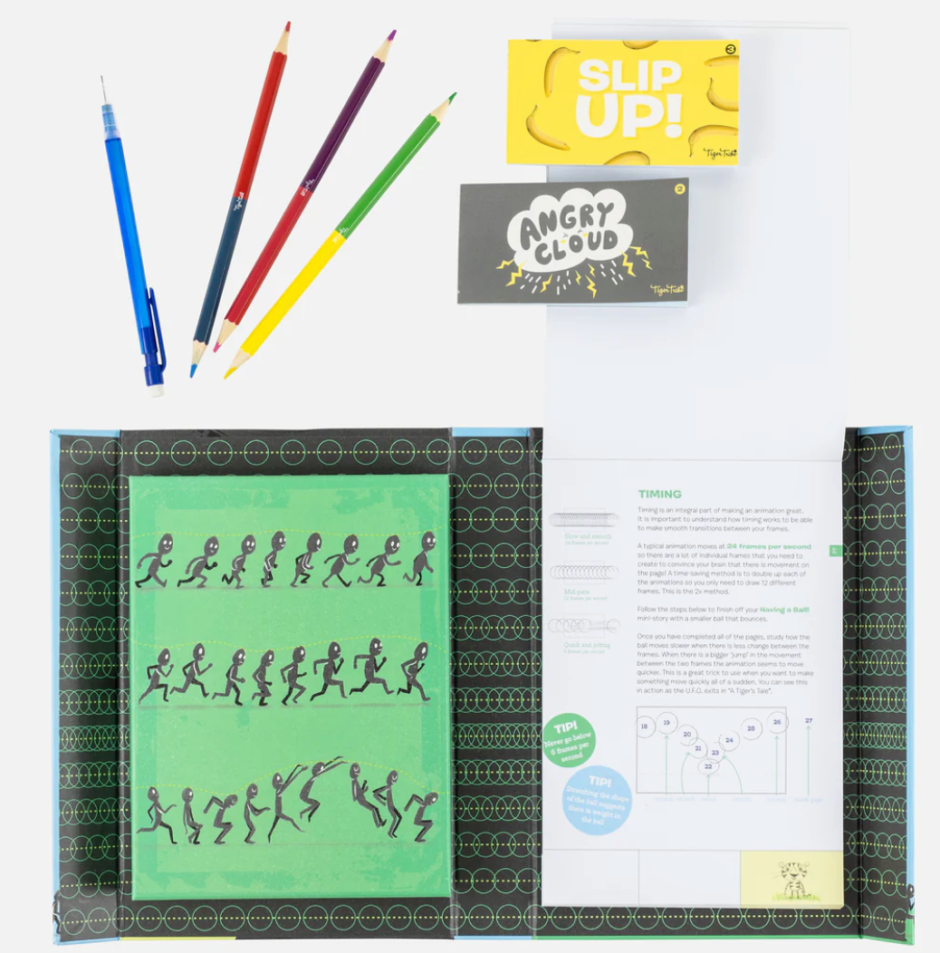 Flip Book Kit | Animation in Action with illustrated flip books, pencils, guidebook, and story cards for kids.