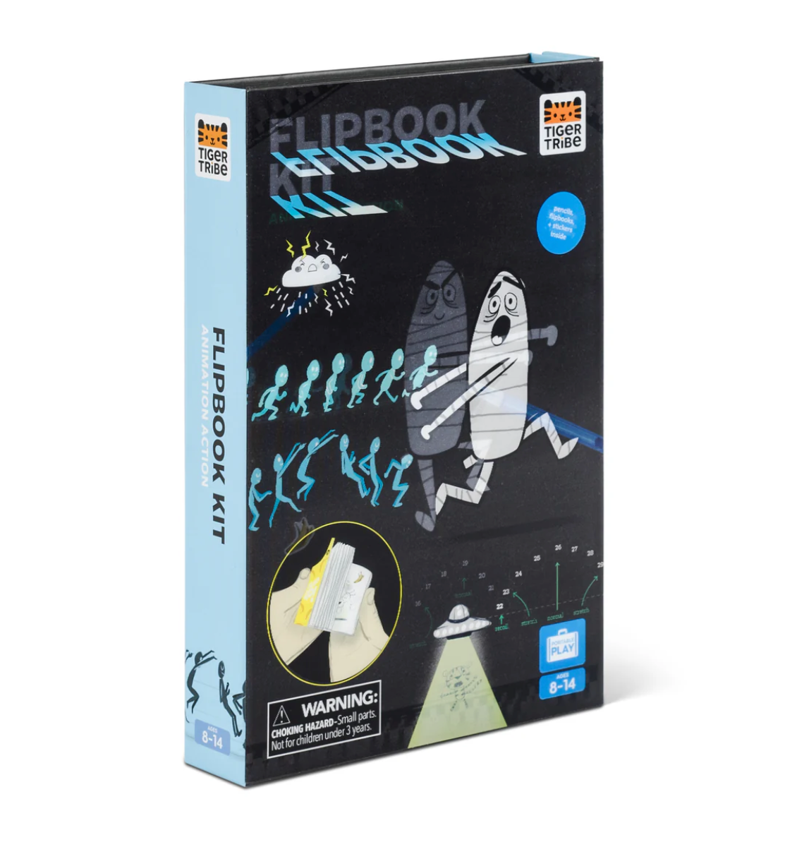 Flip Book Kit | Animation in Action with illustrated animated characters and instructional booklet in magnetic box.