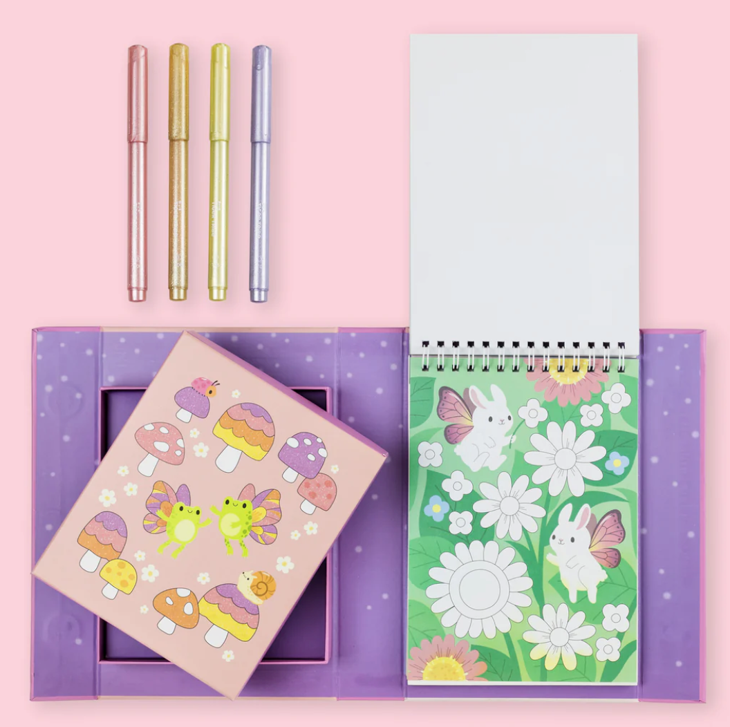 Coloring Set | Little Fairy Land with shimmer markers, illustrated coloring book and compact magnetic storage box on pink background