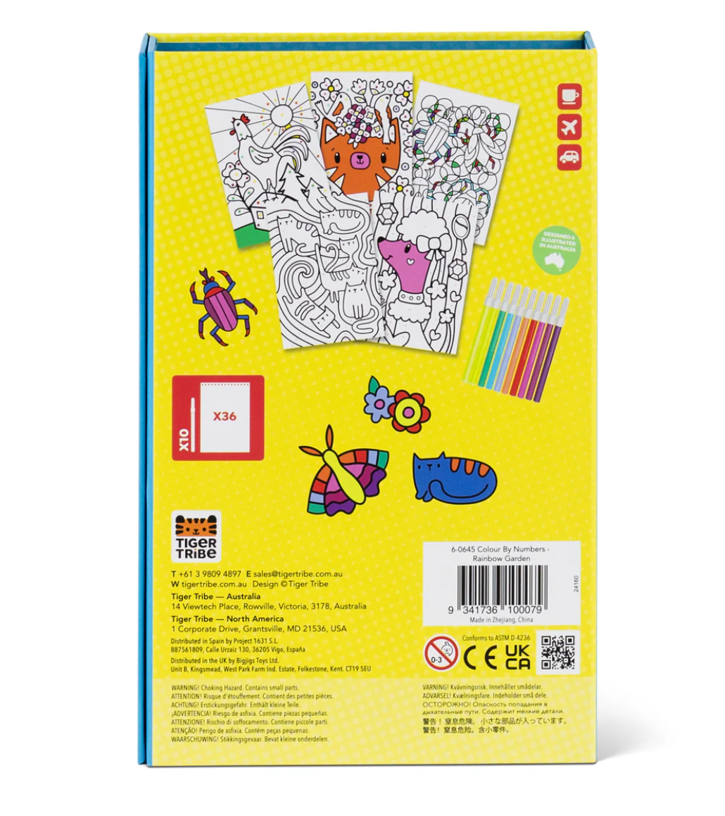 Color by Number | Rainbow Garden coloring kit with 36 pages, 10 markers, and color key for kids ages 5-8.