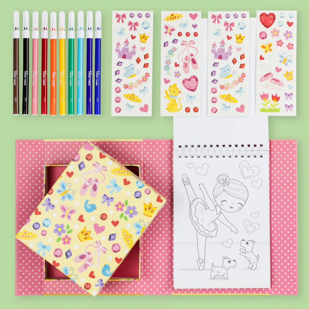 Coloring Set | Ballet with markers, stickers, and coloring pages featuring ballerinas and playful pets in a pink storage box.
