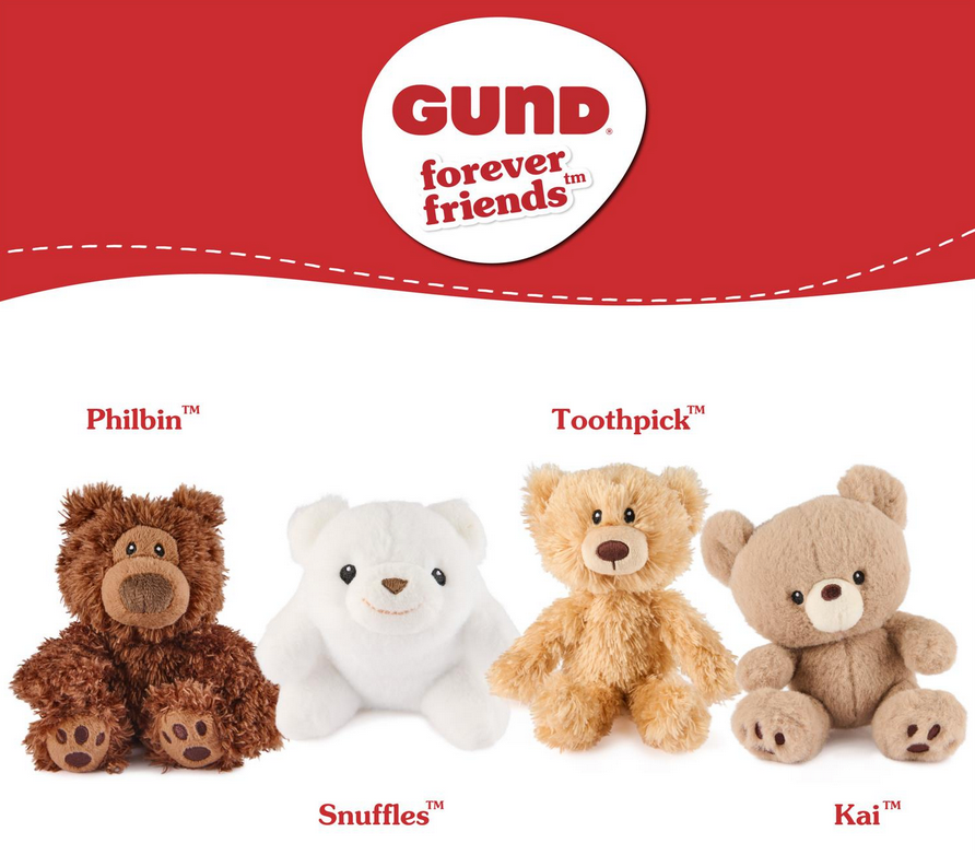 Forever Friends Mini plush bears Philbin, Snuffles, Toothpick, and Kai in assorted styles, each 4 inches tall.