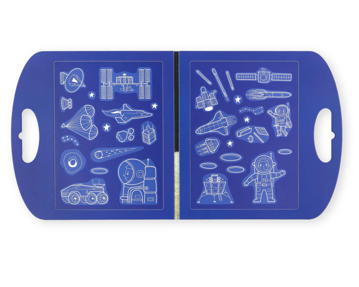 Magna Carry | Space Explorer magnetic fold-out play scene with space shuttles, astronauts, and rockets on a portable case.