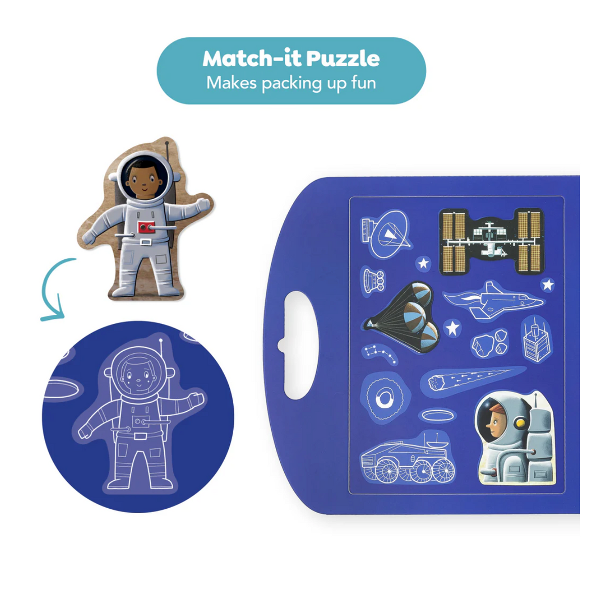 Magna Carry | Space Explorer magnetic astronaut puzzle piece fitting into matching case for easy packing and travel play.