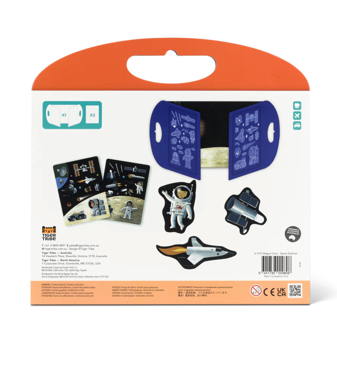 Magna Carry | Space Explorer fold-out magnetic play scene with astronaut, shuttle, and space-themed pieces in a portable case.