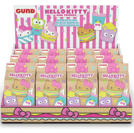 Hello Kitty & Friends Fast Food Blind Box display featuring plush toys in sealed bags with keychains.