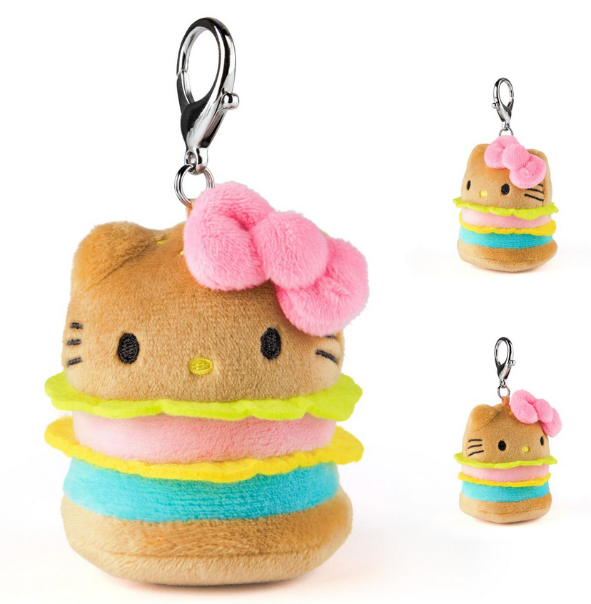 Hello Kitty & Friends Fast Food Blind Box plush keychain featuring Hello Kitty as a colorful hamburger snack.