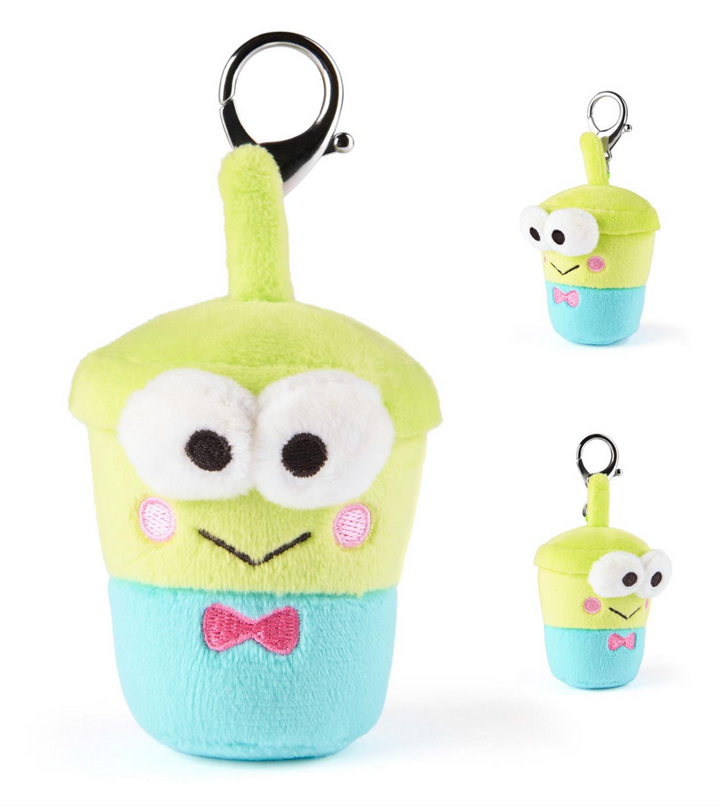 Hello Kitty & Friends Fast Food Blind Box plush keychain featuring a cute green and blue drink character.