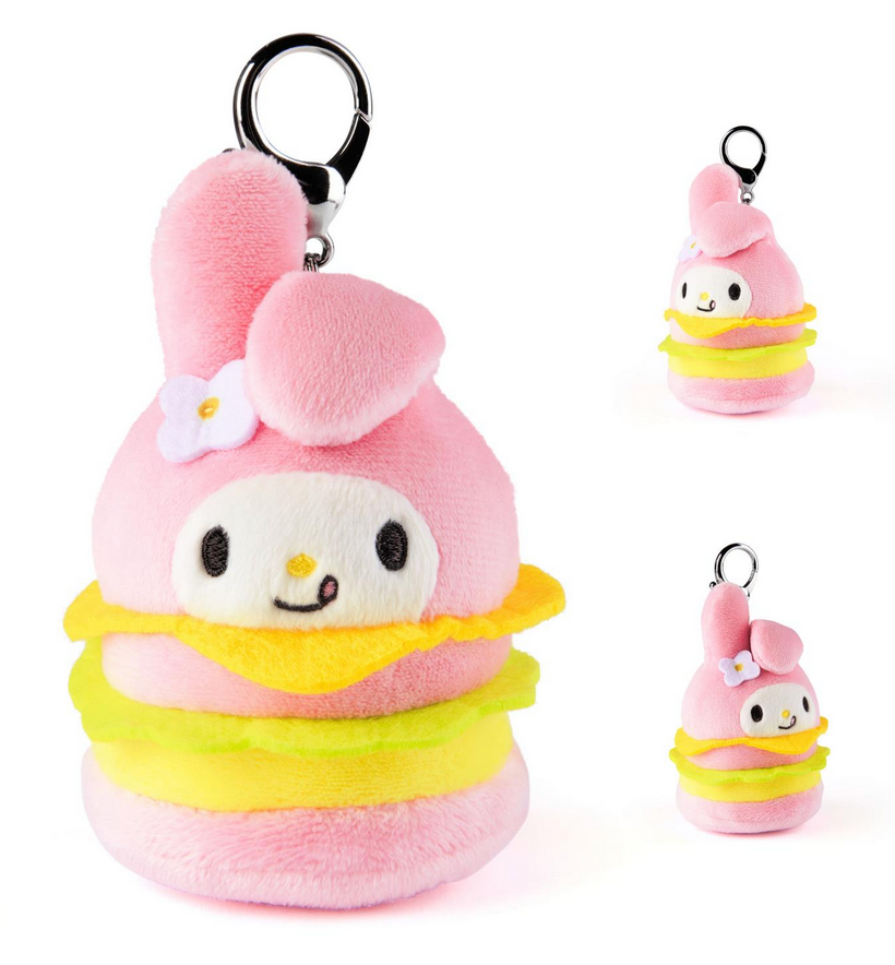 Hello Kitty & Friends Fast Food Blind Box plush keychain featuring My Melody as a cute burger snack toy.