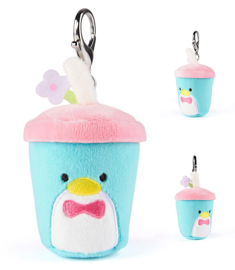 Hello Kitty & Friends Fast Food Blind Box featuring a plush blue drink cup with pink lid and penguin face keychain.