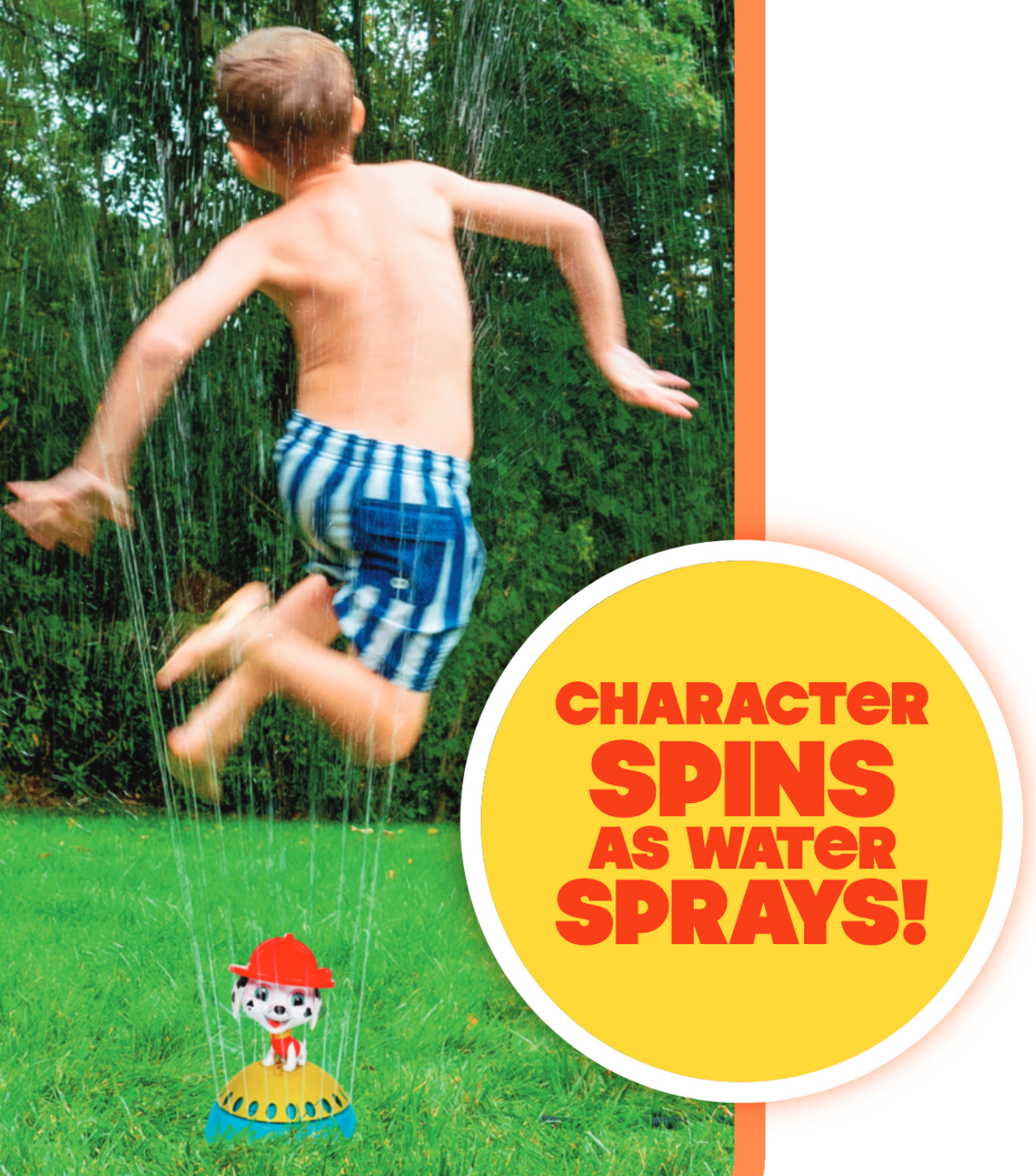 Child jumping and playing with the Spinning Sprinkler spraying water in a backyard on a sunny day.