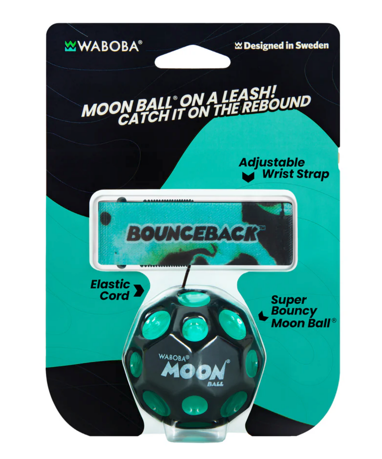 Waboba Bounceback! Moon Ball on elastic cord with adjustable wrist strap for bouncing fun and hand-eye coordination.