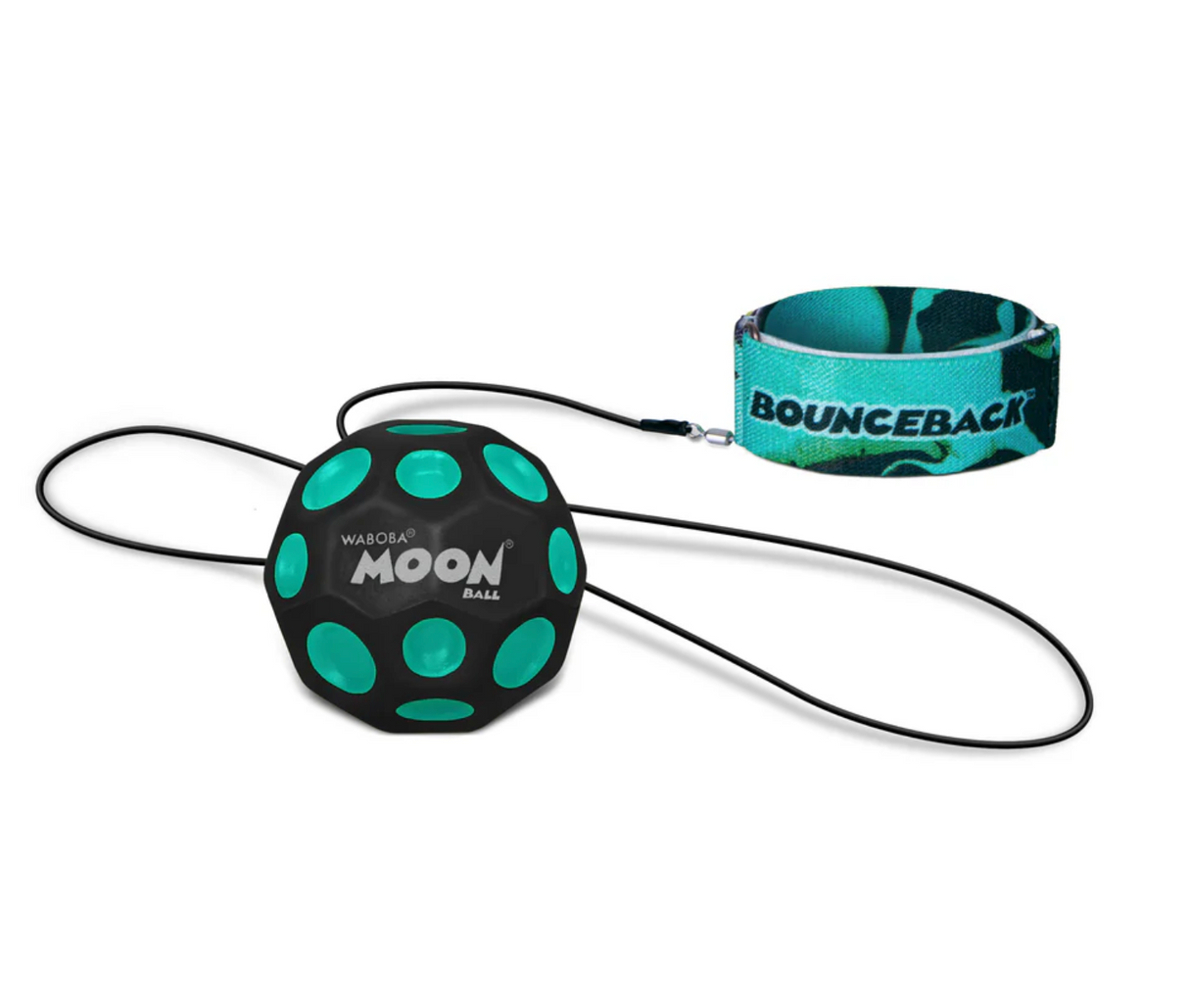 Waboba Bounceback! featuring a Moon Ball on a leash with adjustable wristband for fun bouncing and catching games.