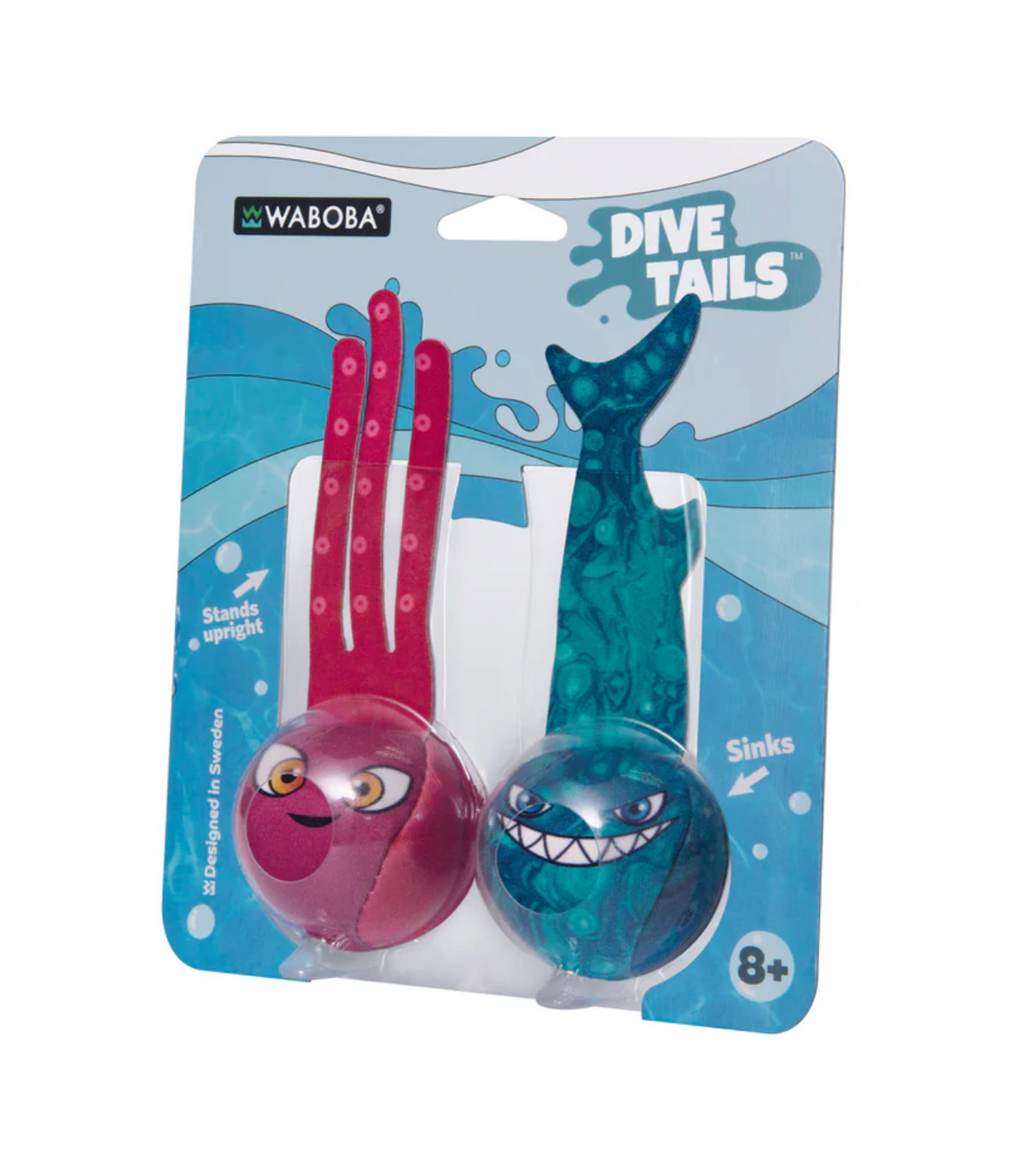 Waboba Dive Tails sinkers in mermaid and deep sea diver styles, designed to stand upright and sink for ages 8+.