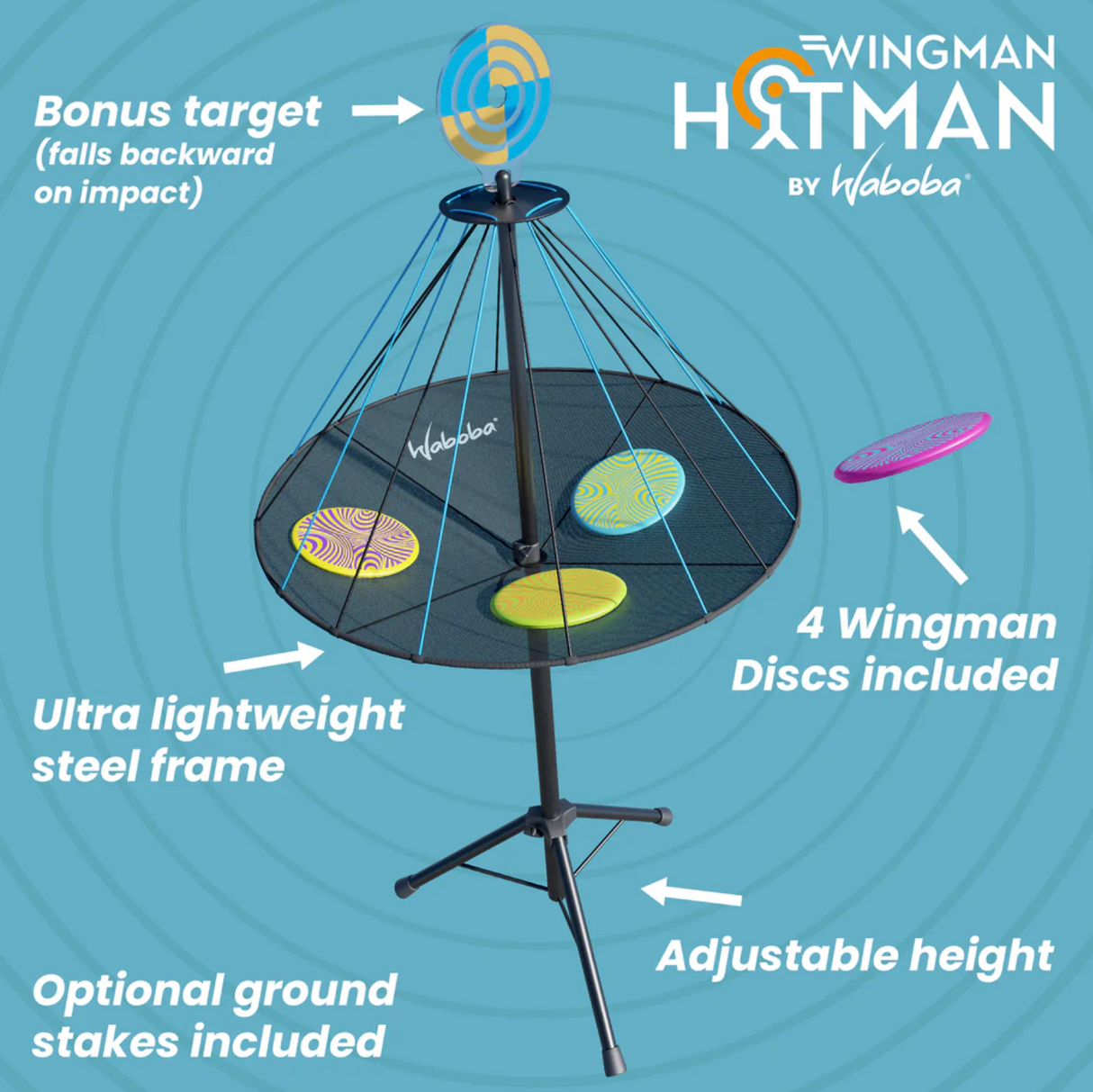 Waboba Hitman 2 in 1 disc target game with adjustable height, lightweight steel frame, and 4 Wingman discs included.