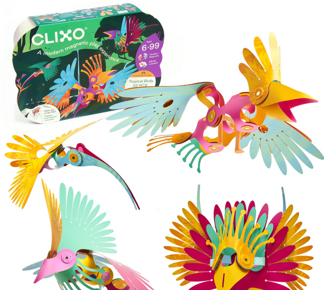 Clixo | Tropical Birds Pack with colorful magnetic pieces and wing-flapping birds for creative STEAM play ages 6+