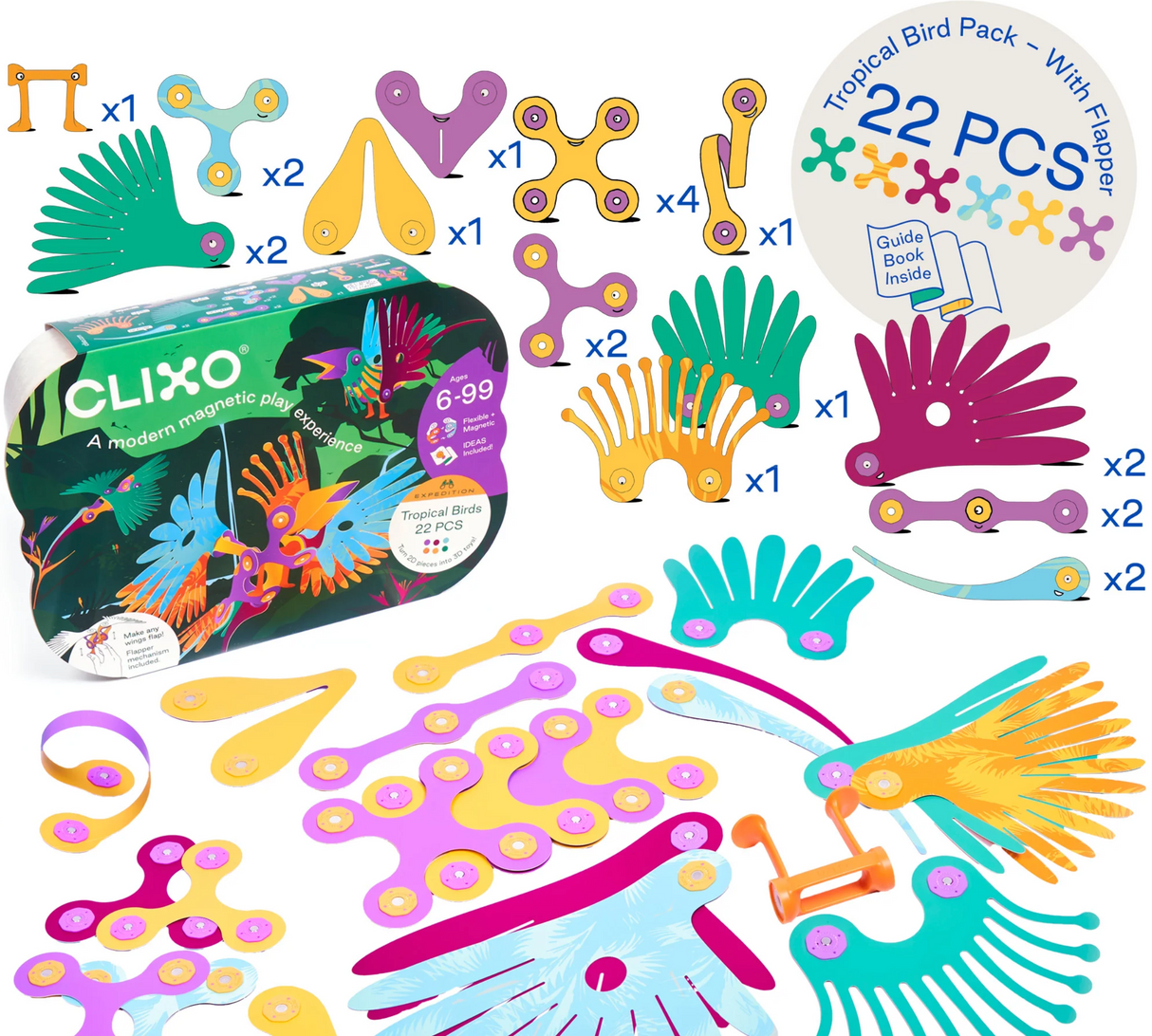 Clixo | Tropical Birds Pack with 22 colorful magnetic pieces including wing flappers for creative bird building and STEAM play.