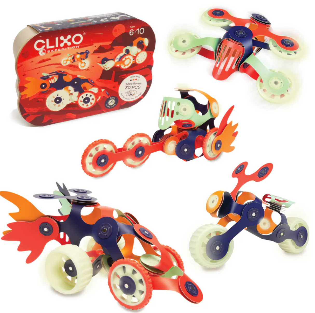 Clixo | Mars Rover Pack with glow-in-the-dark magnetic pieces, all-terrain wheels, fire blasters, and space exploration toys.