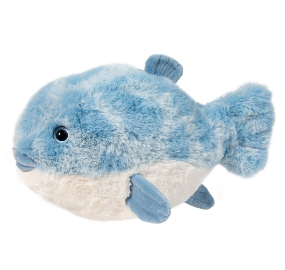 Soft blue and white plush Pufferfish Paula with large eyes and fins, perfect for cuddling and playtime.