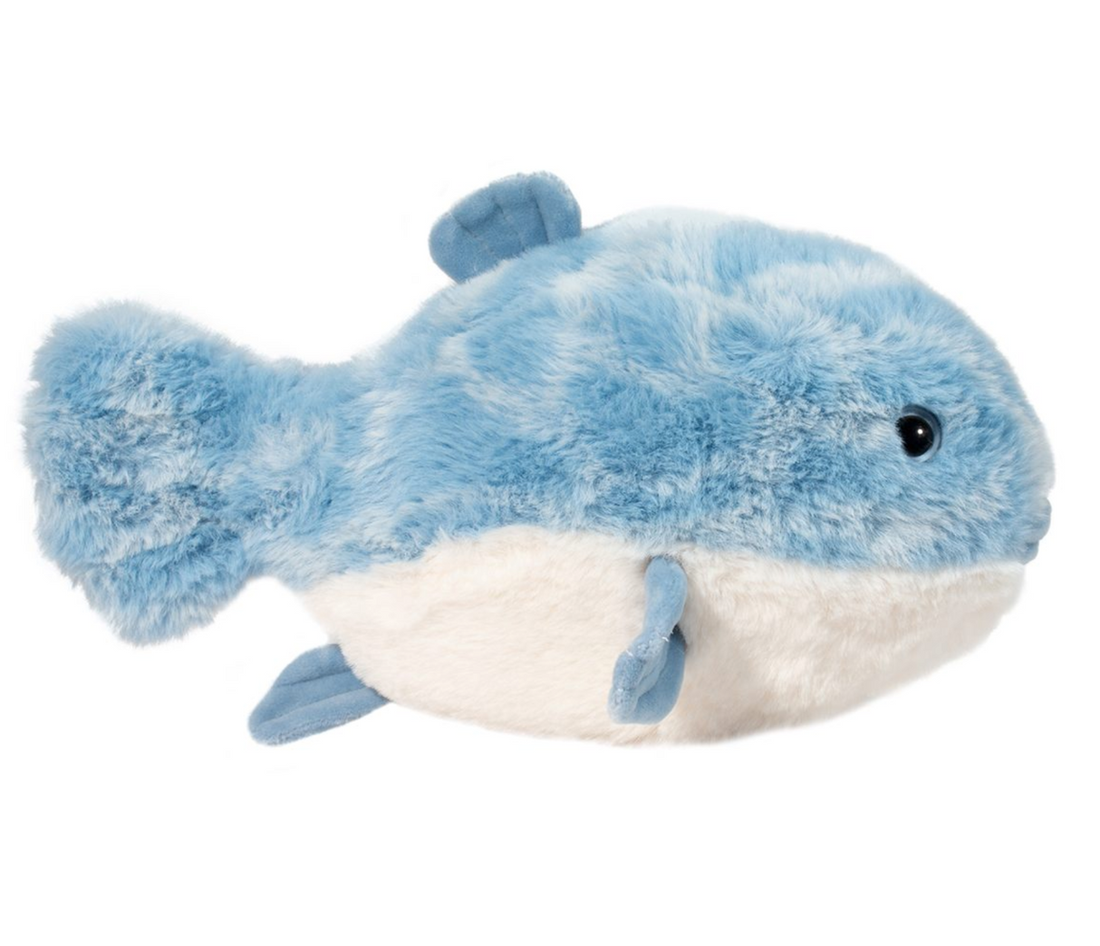 Plush Pufferfish Paula stuffed animal with soft blue and white fur, realistic eyes, and huggable, squeezably soft form.