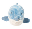 Front view of the soft blue and white plush toy Pufferfish Paula with small fins and round body.
