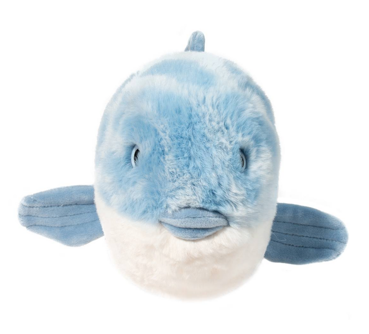 Front view of the soft blue and white plush toy Pufferfish Paula with small fins and round body.