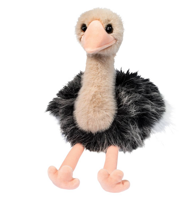 Ostrich Omar plush toy with fluffy black body, long fuzzy neck, and friendly face perfect for cuddling and fun.