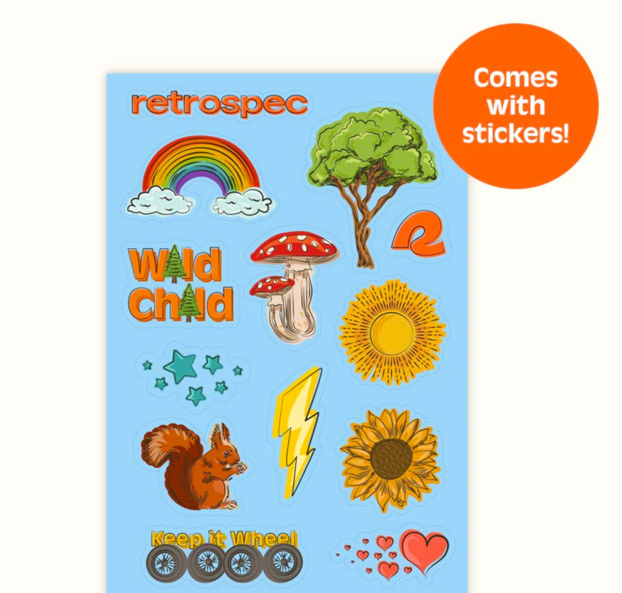 Cub Balance Bike | Navy accessory featuring colorful nature and fun stickers including rainbow, tree, mushroom, and sunflower designs.