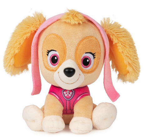 Paw Patrol Skye plush toy wearing pink aviator uniform with floppy ears and embroidered puppy smile, soft and cuddly.
