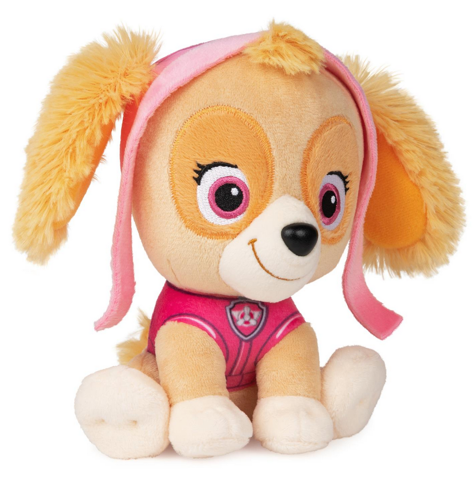 Paw Patrol Skye plush toy with pink aviator uniform, soft floppy ears, and embroidered puppy smile, 6-inch cuddly plush.