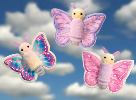 Three colorful Butterfly Mini finger puppets with pink, blue, and purple wings against a cloudy sky background.
