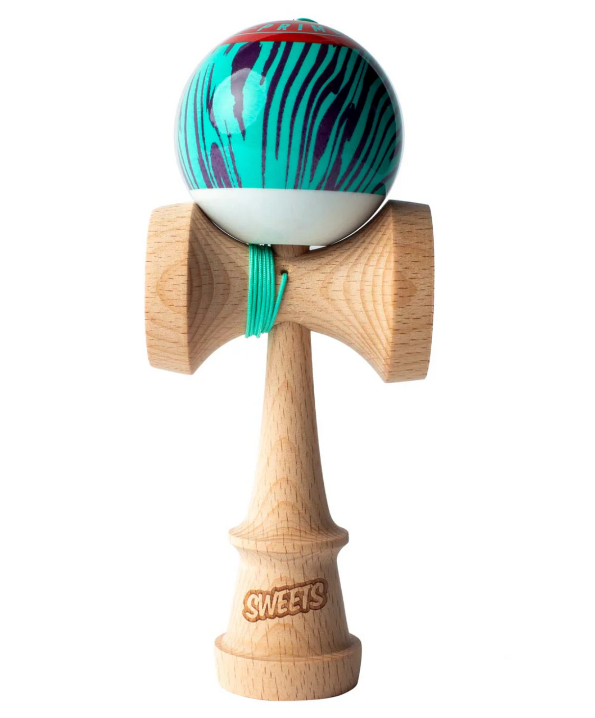 Kendama Prime Grain Split | Laser Tag featuring wood grain design, sticky clear coating, and colored string on BOOST shape.