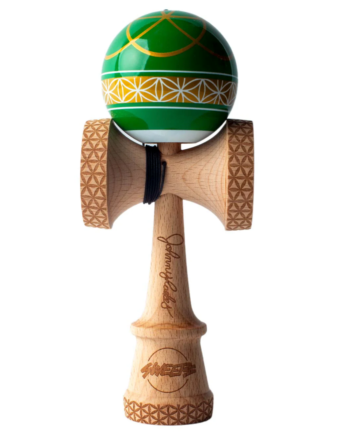 Kendama Johnny Raekes V2 BS Sticky with green tama, wooden textured cups, and signature on handle.