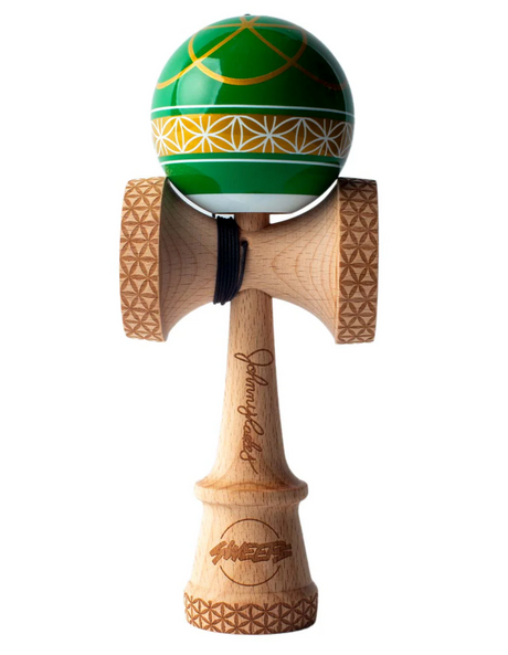 Kendama Johnny Raekes V2 BS Sticky with green tama, wooden textured cups, and signature on handle.