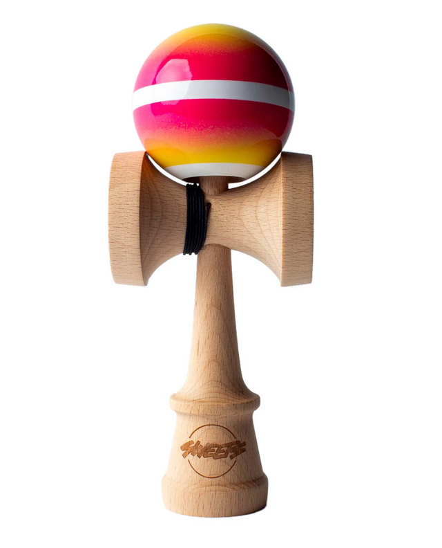 Kendama Horizon Fade | Pink/Yellow with wooden ken and pink to yellow fade tama featuring a white center stripe.