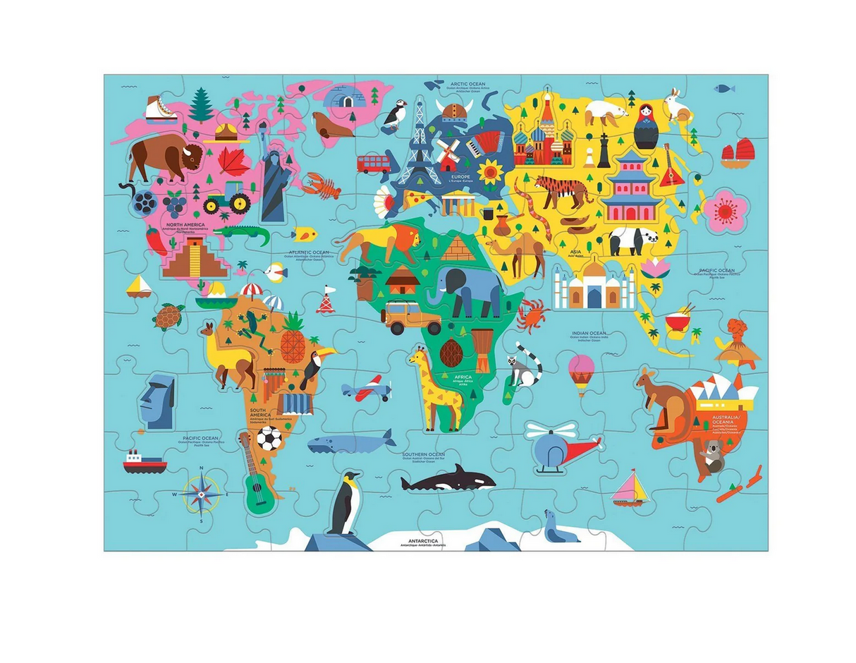 78pc Map of the World Puzzle featuring colorful animals, landmarks, and special shaped pieces for ages 5-9.