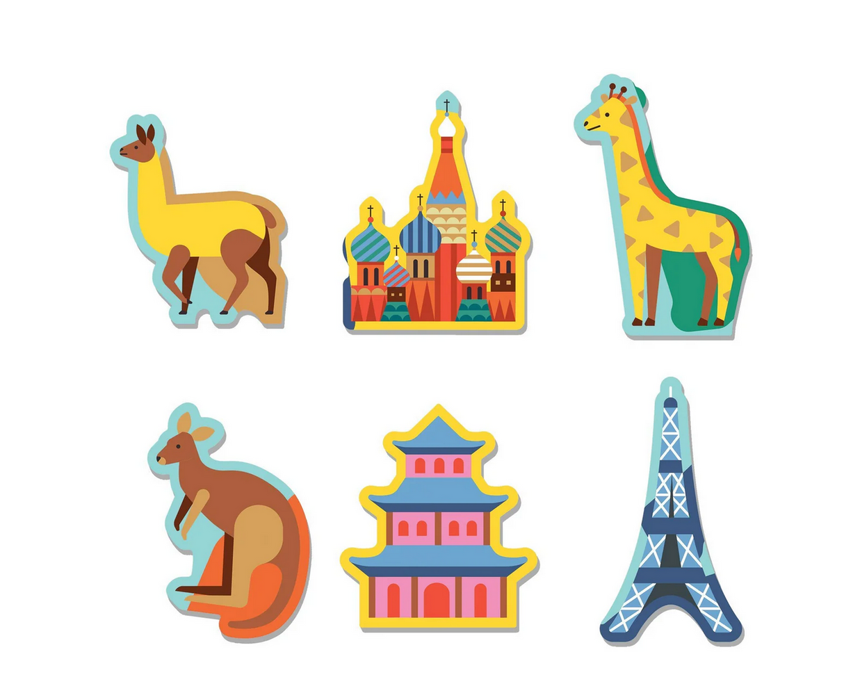 Special shaped pieces with animals and landmarks from the 78pc Map of the World Puzzle by Mudpuppy.