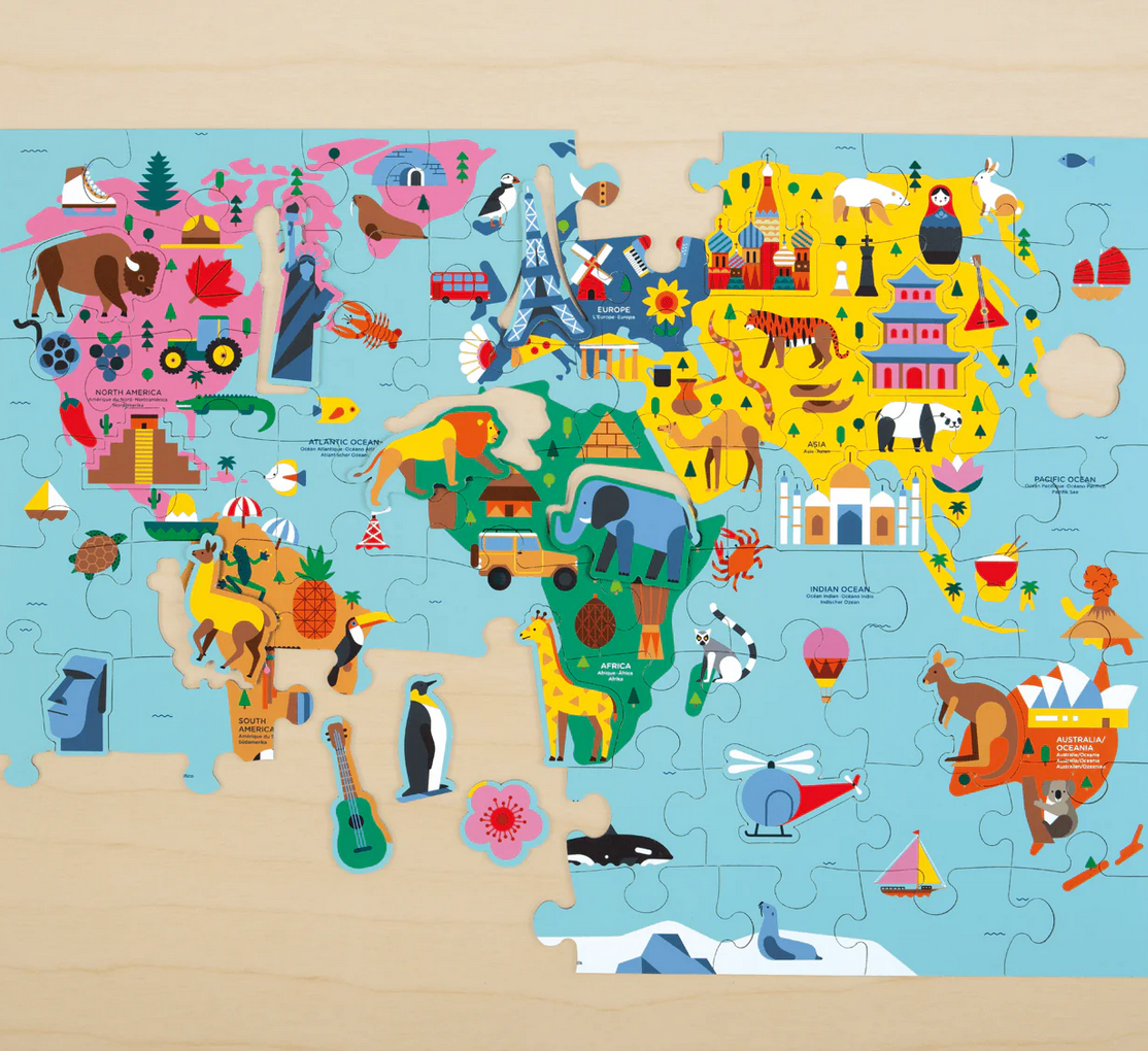 78pc Map of the World Puzzle featuring colorful animals, landmarks, and special shaped regional icon pieces.