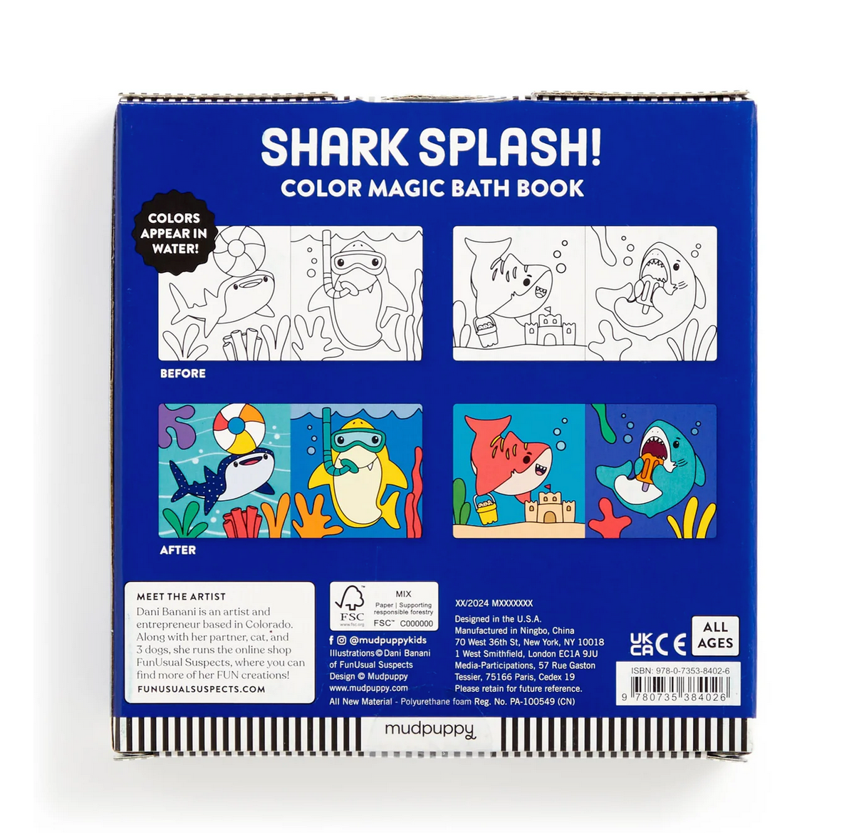 Bath Book Color Magic | Shark Splash! showing before and after water-activated color changing shark illustrations on bath pages.